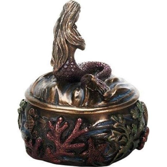 Decorative Art Nouveau Style Sirens of the Sea Mermaid Resin Jewelry Trinket Box - Picture 2 of 3